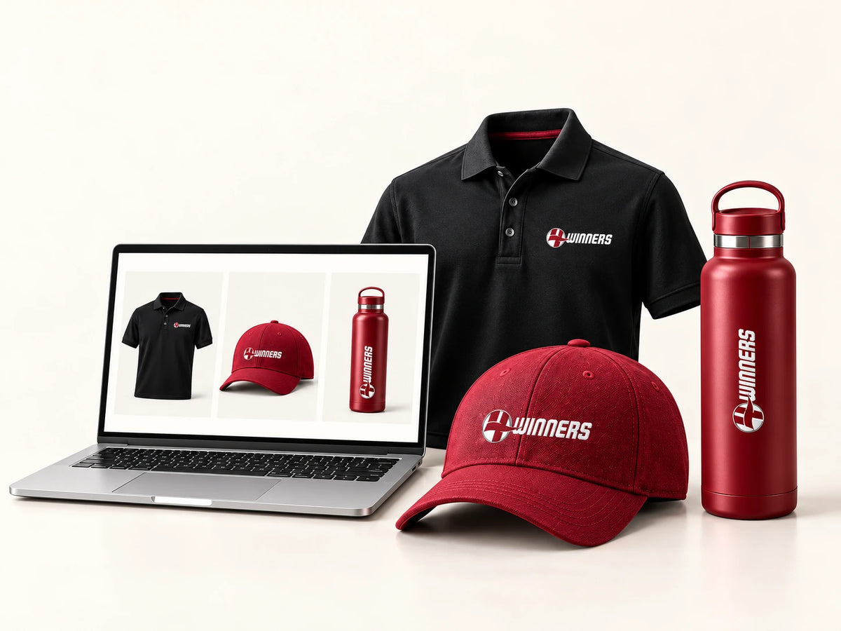 Illustrative branded polo, cap and bottle beside a merchandise webstore laptop