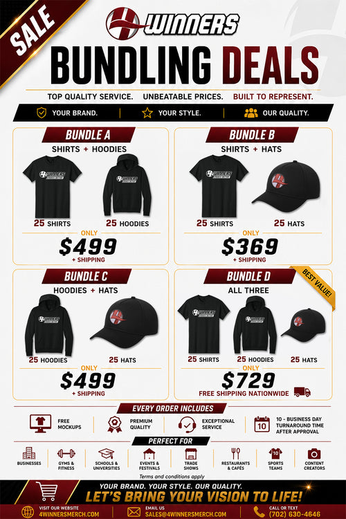 Bundle D | 25 T-Shirts + 25 Hoodies + 25 Hats | $729 + FREE Shipping