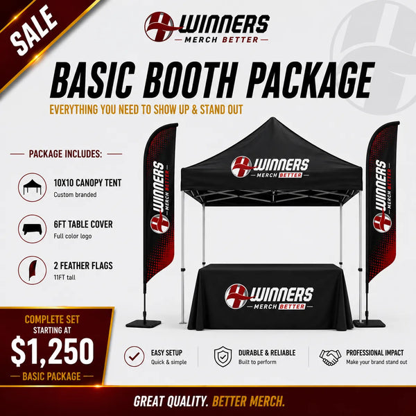 Promotional graphic for a 'Basic Booth Package' by Winners Merch Better, showing a black canopy tent, two feather flags, and a branded table cover on a white background with sale text and package details.