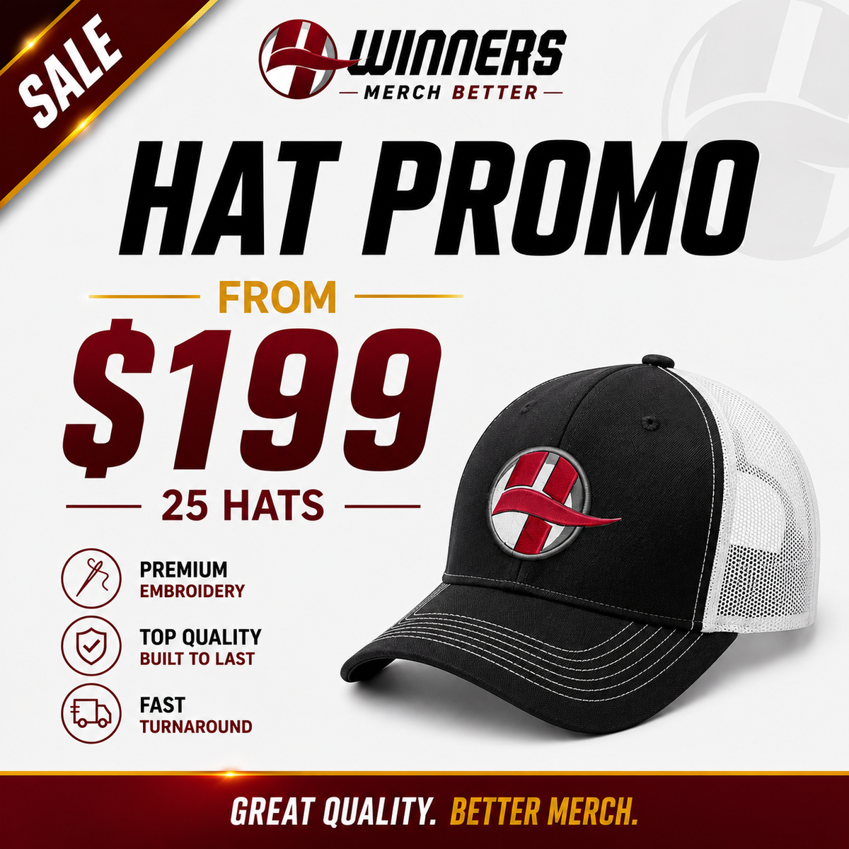 25 Custom Embroidered Hats | Your Logo | $199