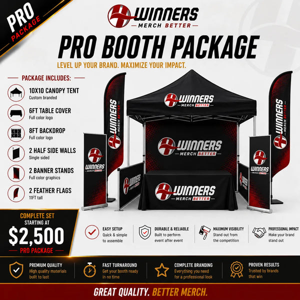 A promotional graphic for a pro booth package showing a black canopy tent with red and white branding, plus matching feather flags and banner stands. The image includes text listing included items, pricing, and feature callouts on a white background.