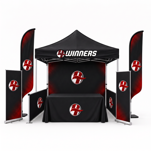 Pro 10x15 Outdoor Booth Package - 4Winners branded pop-up canopy tent with backdrop, table throw, banner stands, and feather flags