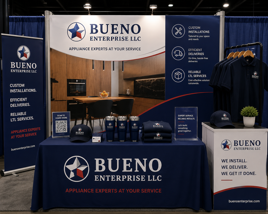 Concept design mockup for Bueno Enterprise LLC trade show booth (AI-generated concept, not an actual client installation)