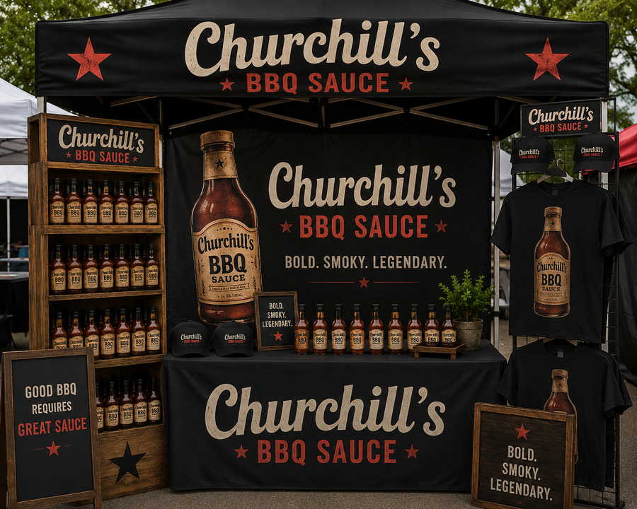Concept design mockup for Churchill's BBQ Sauce trade show booth (AI-generated concept, not an actual client installation)