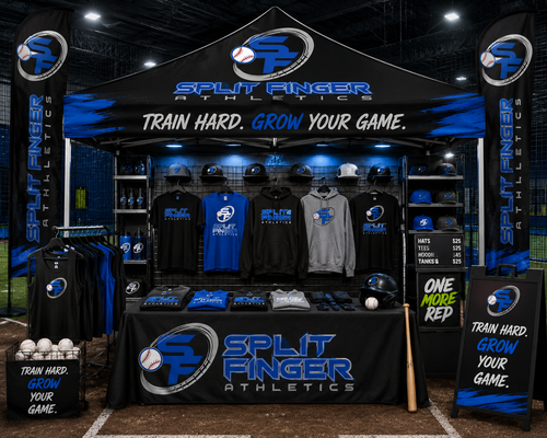 Concept design mockup - Split Finger Athletics trade show booth (AI-generated concept, not an actual client installation)