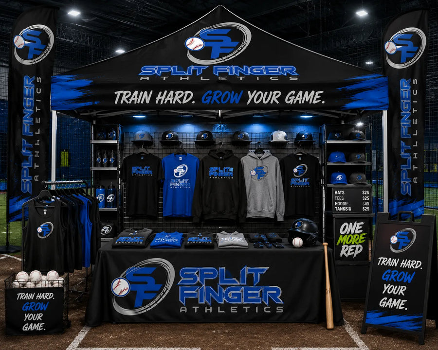 Concept design mockup for Split Finger Athletics trade show booth (AI-generated concept, not an actual client installation)