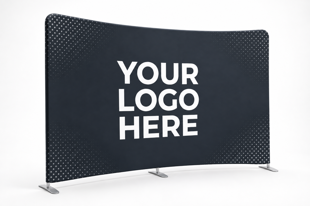 4Winners Merch 10ft curved tension fabric trade show display with YOUR LOGO HERE placeholder