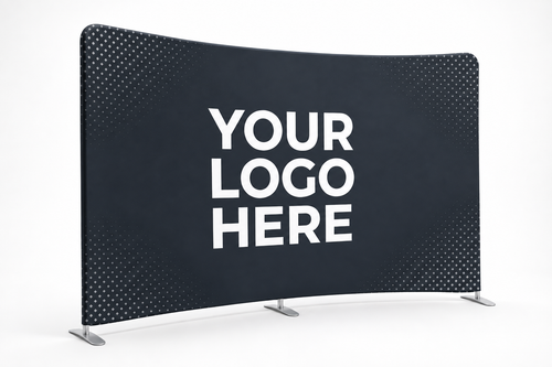4Winners Merch 10ft curved tension fabric trade show display with YOUR LOGO HERE placeholder