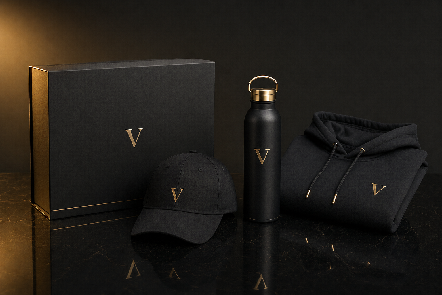 Enterprise branded merchandise with gold V logo