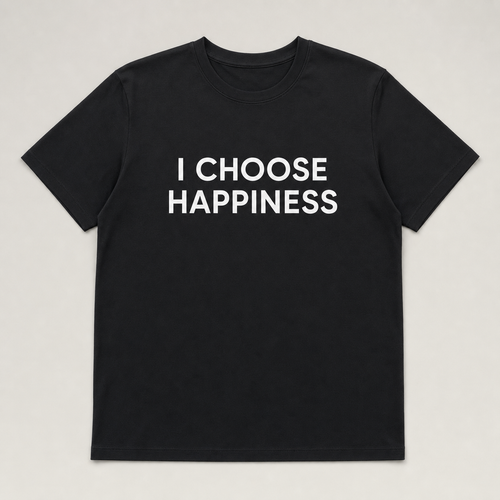 AI concept mockup — black unisex tee, "I Choose Happiness", Motivational Merch Week 1