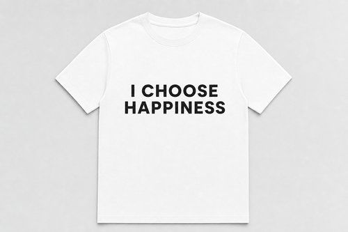 AI concept mockup — white unisex tee, "I Choose Happiness", Motivational Merch Week 1