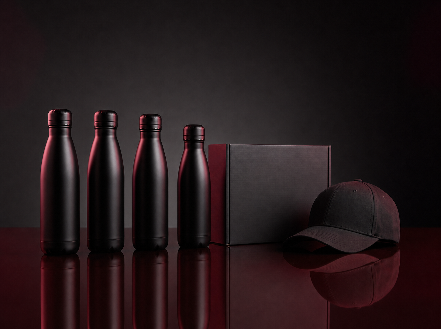 Clean matte black and maroon water bottles, gift box, and cap mockup ready for custom branding, by 4Winners Merch