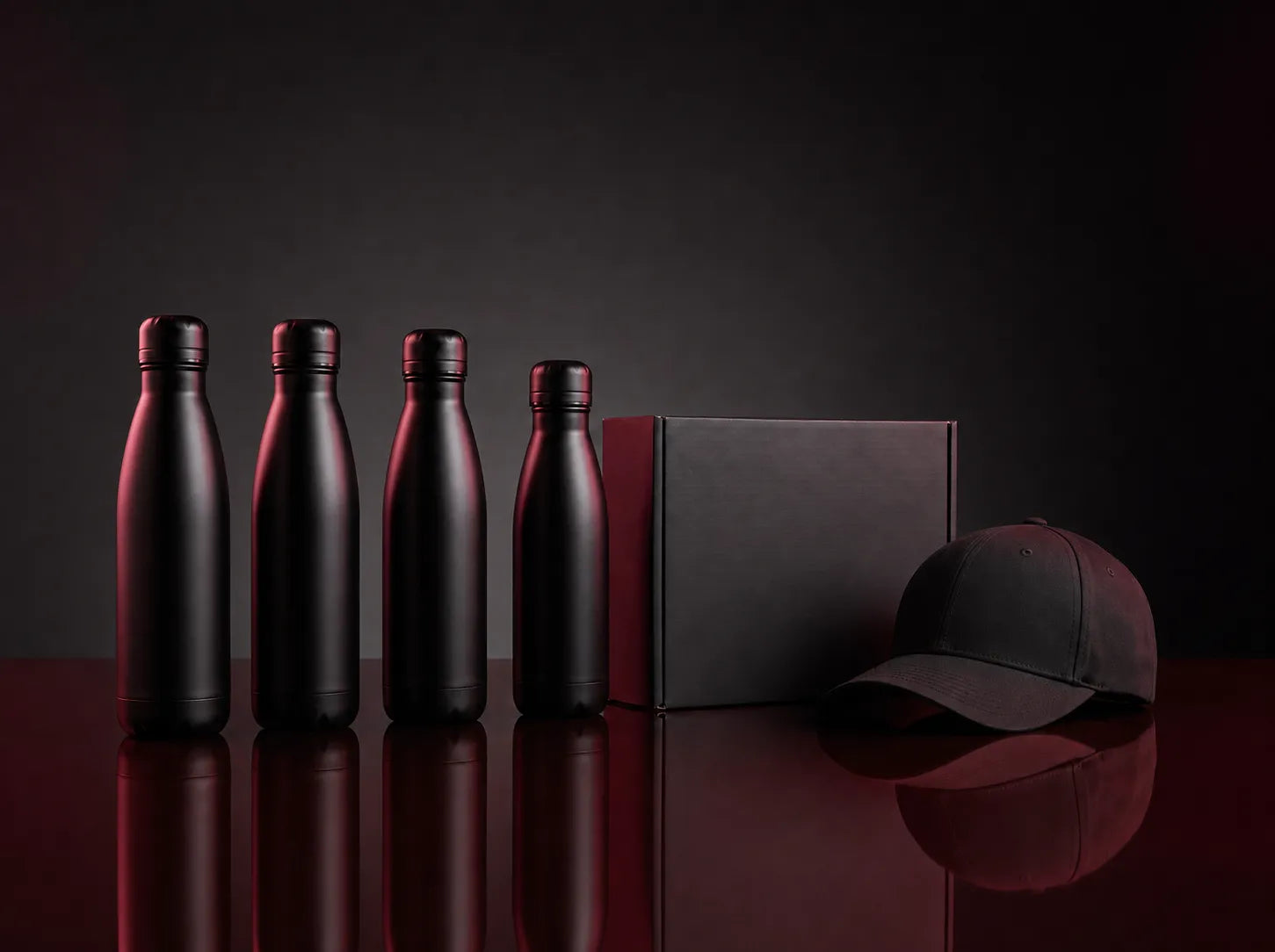 Four matte black insulated bottles lined up next to a black box and a black baseball cap on a reflective dark red surface against a dark background.