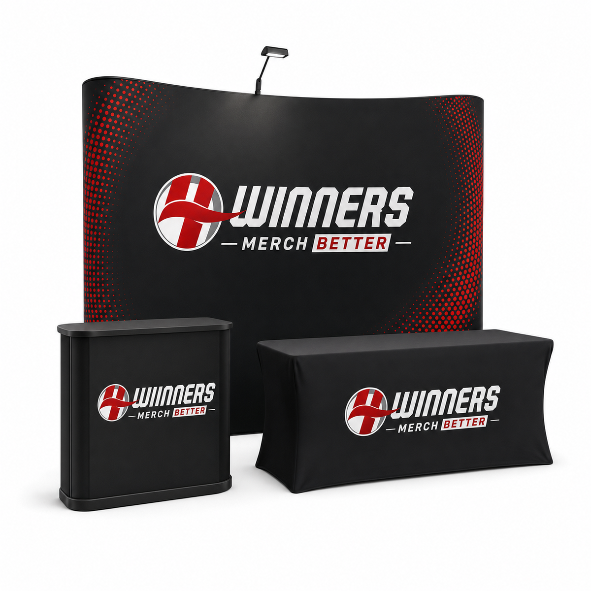 Basic Indoor Booth Package — 4Winners branded 10x10 booth setup with curved tension fabric backdrop, LED light, podium, and table cloth