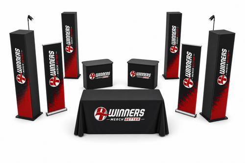 Enterprise Indoor Booth Package — 4Winners branded 20x20 island booth setup with 4 SEG fabric pillar displays, LED lights, 2 podiums, table cloth, and 2 retractable banners