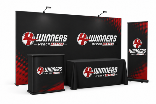 Pro Indoor Booth Package — 4Winners branded 10x20 booth setup with 20ft SEG fabric backdrop, LED lights, podium, table cloth, and retractable banner