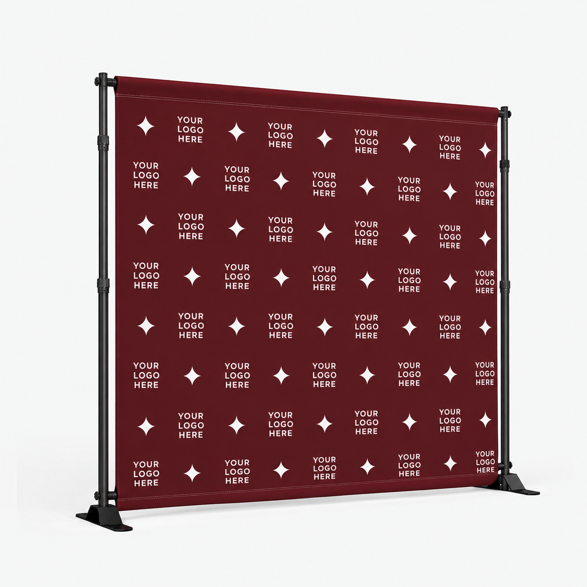Custom step and repeat backdrop mockup — premium 10ft x 8ft printed graphic and frame, YOUR LOGO HERE placeholder design