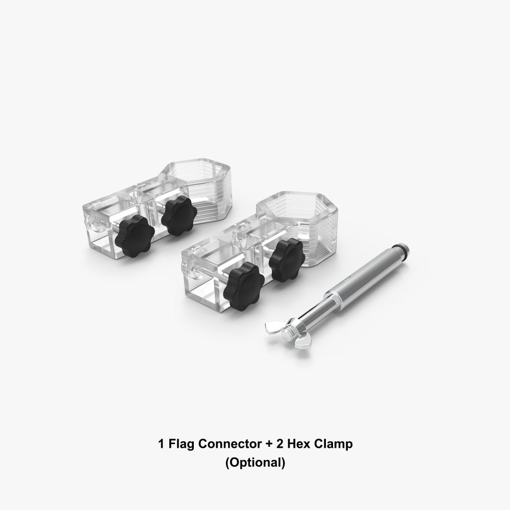 Flag holder hardware attachment and hex clamps for pop-up event tent