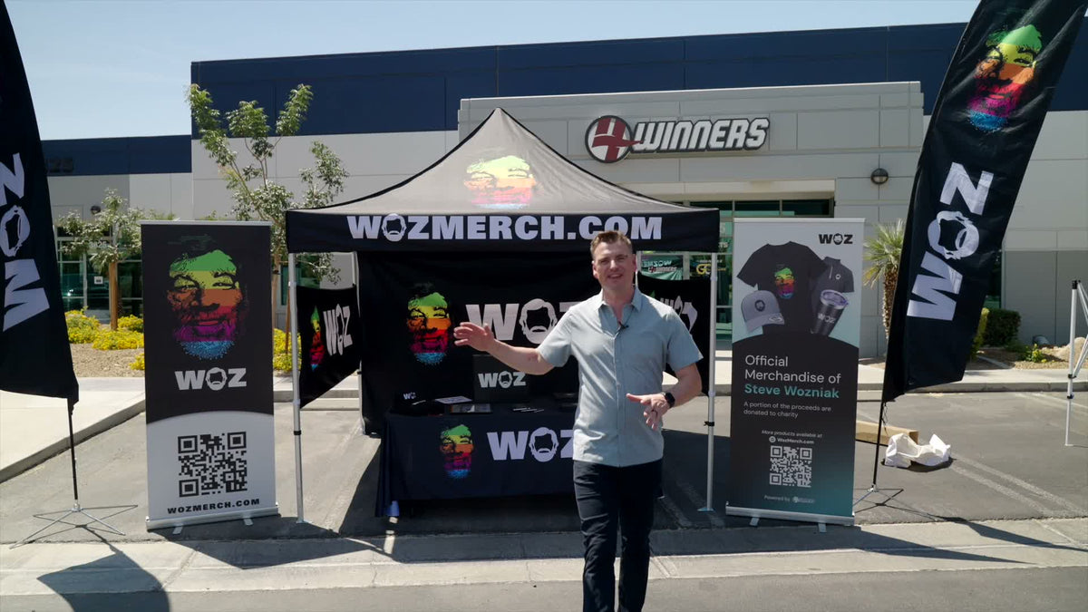 4Winners WOZ Merch pop-up tent booth outside the Las Vegas facility